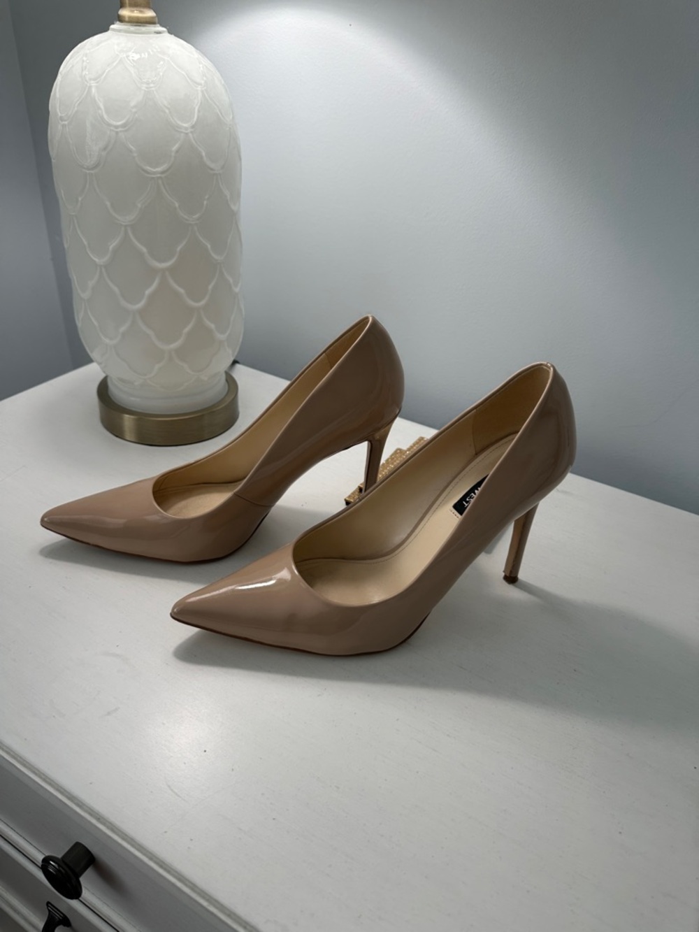 Nine West Patent Pointed-Toe Pumps in Taupe